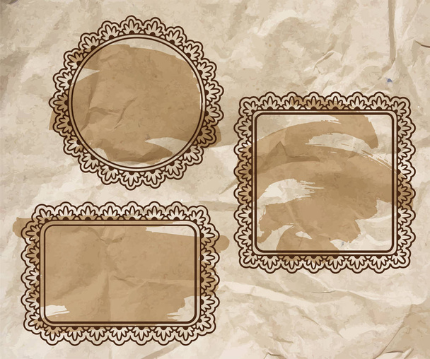 Cadres décoratifs floraux vierges sertis de brun vintage sur papier artisanal froissé. Collection d'illustrations vectorielles de fond avec trait de buisson artistique
. - Vecteur, image