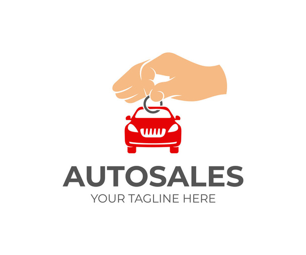 Sale of cars, hand holds key chain with machine, logo design. Autodealer, car showroom and transport, vector design. Transportation and vehicle, illustration - Vector, Image