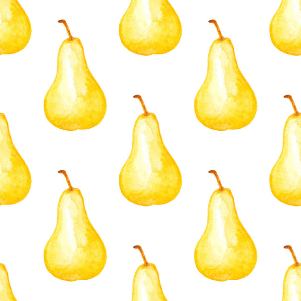 Watercolor summer seamless pattern with ripe yellow pears on a white background - Foto, Imagem