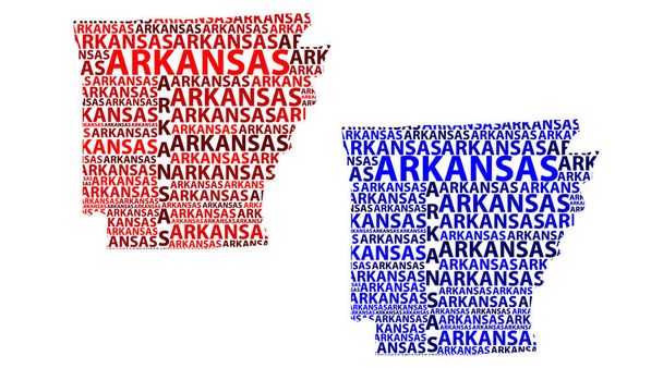 Arkansas (Egyesült Államok, a természetes állapot, a medve állam) levelet text térképvázlatot, Arkansas Térkép - alakú a kontinens megjelenítése Arkansas - piros és kék vektoros illusztráció - Vektor, kép