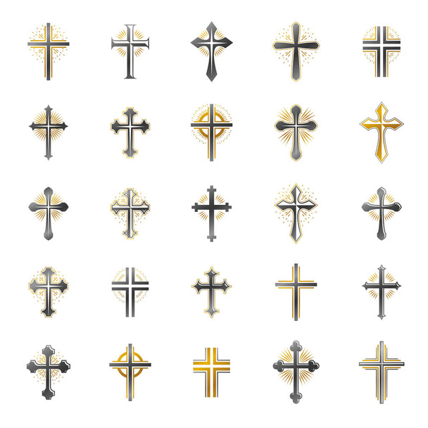 Kruisen van Christendom Religie emblemen set. Heraldische wapen decoratieve emblemen geïsoleerde vector illustraties collectie. - Vector, afbeelding