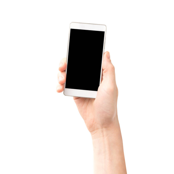 Hand holding smartphone with black screen isolated on white background - Fotó, kép