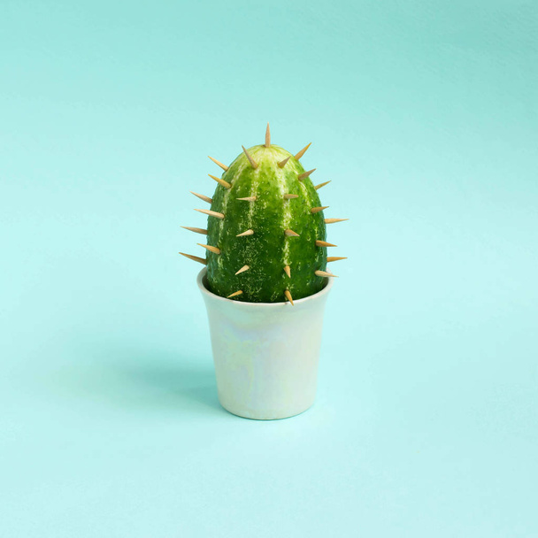 Cactus made from cucumber on pastel light blue background. Minimal style. Creative idea, imagination and fantasy. Original vegetarian concept - 写真・画像