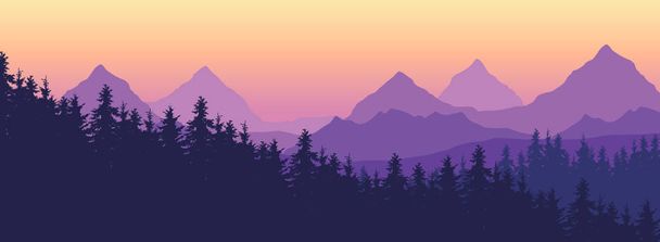 Пейзаж с высокими горами и хвойными лесами в нескольких слоях, под желтым фиолетовым небом и пространство для текста - вектор
 - Вектор,изображение
