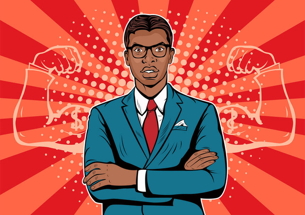Afro-américain Homme avec muscles devise dollar pop art style rétro. Homme d'affaires fort dans des lunettes de style comique. Illustration vectorielle du concept de réussite
. - Vecteur, image
