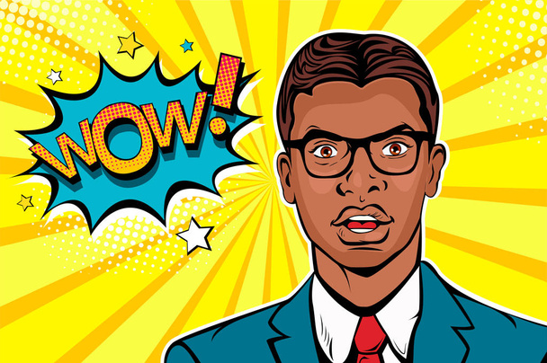 Wow pop art male face. Mladý afro Američan překvapený muž v brýlích s otevřenou pusou a Wow řečové bubliny. Vektorové barevné ilustrace v retro komiksovém stylu. - Vektor, obrázek