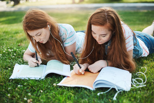 Making homework can be fun. Outdoor shot of two attractive redhead girls with freckles, lying on grass in park, sharing earphones and writing essays for university on fresh air, helping each other - Foto, Imagen