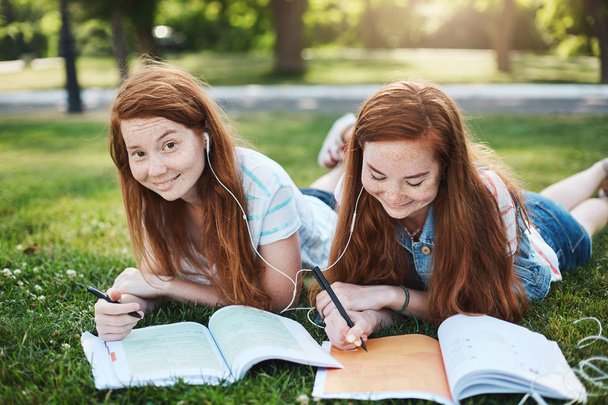 Homework are you kidding me. Two charming girls with red hair lying and chilling on grass during free time, doing homework, sister helping sibling with lessons, smiling and laughing - Φωτογραφία, εικόνα