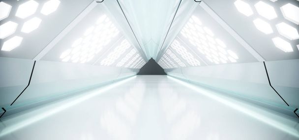 Sci-Fi futurystyczny jasny długo trójkąta w kształcie statku tunelu z sześciokątem białe światła i odzwierciedlenie materiałów 3d renderowania ilustracja - Zdjęcie, obraz