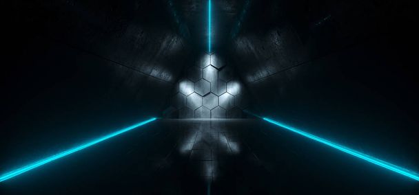 Couloir futuriste sombre de bateau en forme de triangle de science-fiction avec la porte hexagonale et l'illustration menée bleue de rendu 3D de bandes de néon
 - Photo, image