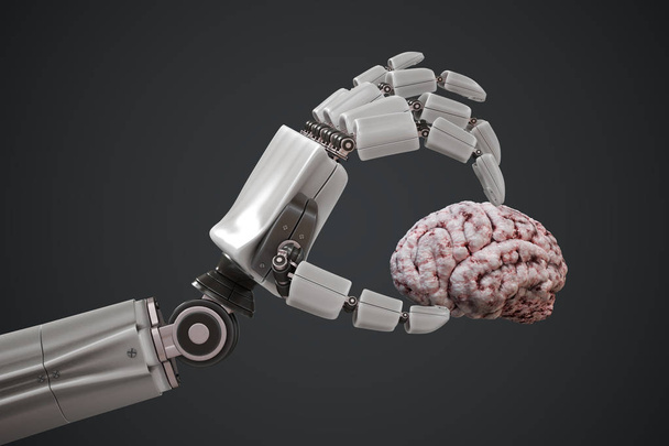 Έννοια της τεχνητής νοημοσύνης. Ρομποτικό χέρι κρατάει ανθρώπινο εγκέφαλο. 3D τετηγμένα εικονογράφηση. - Φωτογραφία, εικόνα
