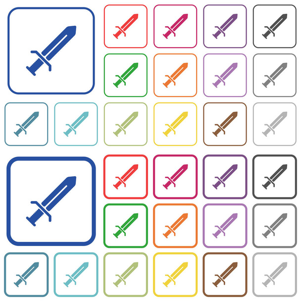Iconos planos de color espada en marcos cuadrados redondeados. Versiones finas y gruesas incluidas
. - Vector, Imagen