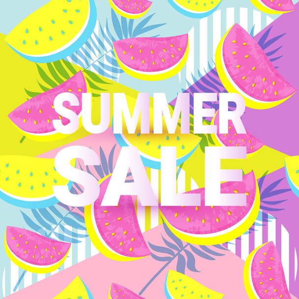 SUMMER SALE typographic banner with seamless Watermelon Pattern isolated on pop art geometric background. - Vektor, obrázek