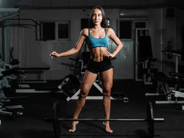 fitness girl exercising with barbell in gym, woman posing in gym - Fotografie, Obrázek