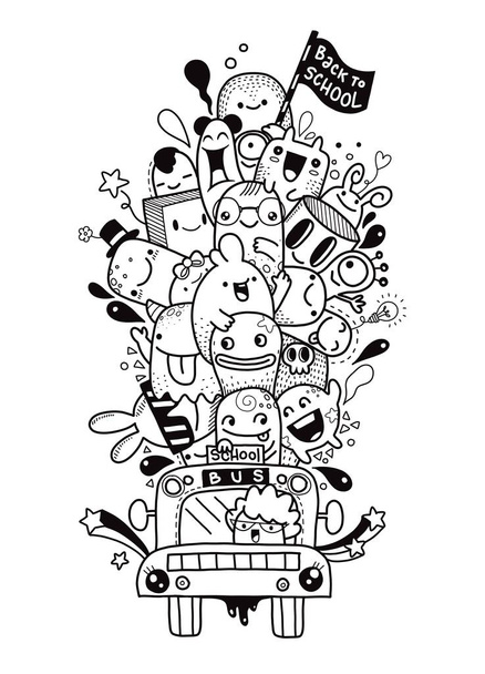 Векторная иллюстрация Вернуться в школу, графический школьный автобус для возвращения к шаблону плаката школы, Monster Doodle для вашего дизайна
 - Вектор,изображение