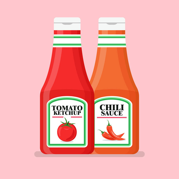 Tomaten ketchup-fles in vlakke stijl. Vectorillustratie - Vector, afbeelding