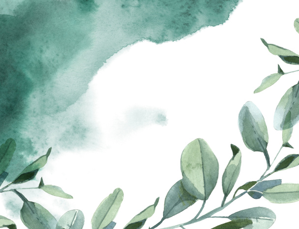 Watercolor illustration. Horizontal background of green eucalyptus leaves and green paint splash on white background - Foto, afbeelding