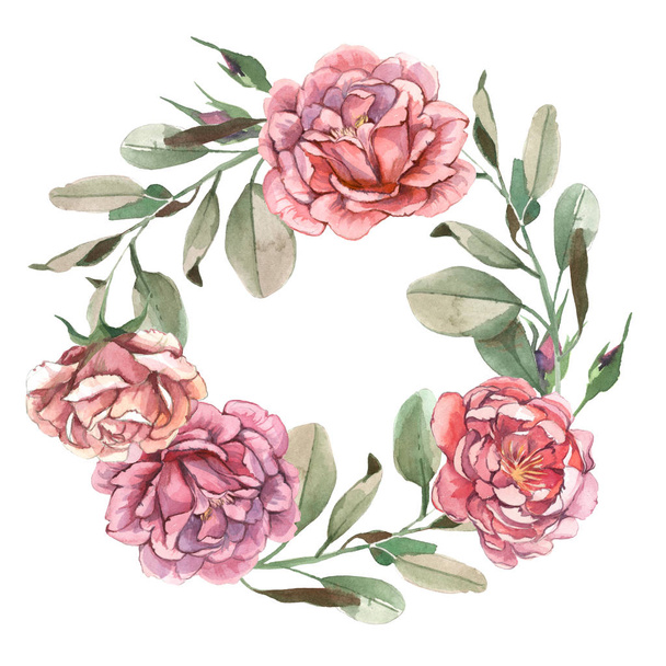 Watercolor illustration. Horizontal wreath of roses and green leaves for wedding and greeting cards, circle flower frame isolate on white background in shabby chic style - Foto, imagen