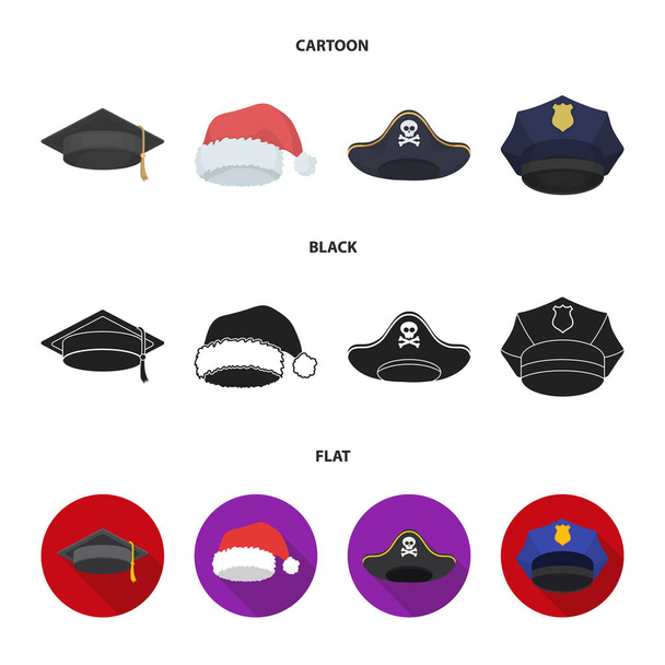 Graduado, santa, policía, pirata. Sombreros conjunto de iconos de colección en dibujos animados, negro, estilo plano vector símbolo stock ilustración web
. - Vector, imagen