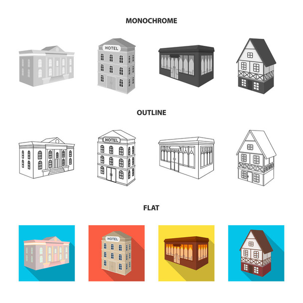 Το ΜΟΥΣΕΙΟ ΚΤΙΡΙΟ, ένα τριώροφο ξενοδοχείο, μια σταθερή στο τον Ιππόδρομο, μια κατοικημένη κατοικία. Αρχιτεκτονικά και οικοδομικά σύνολο συλλογή εικονιδίων σε επίπεδη, περίγραμμα, μονόχρωμη στυλ διάνυσμα απόθεμα σύμβολο - Διάνυσμα, εικόνα