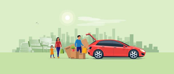 Familie winkelen en het laden van de auto kofferbak met aankoop - Vector, afbeelding