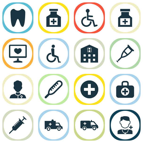 Icone della droga impostate con segno medico, stampella, brougham e altri elementi disabili. Isolate icone di droga illustrazione vettoriale
. - Vettoriali, immagini