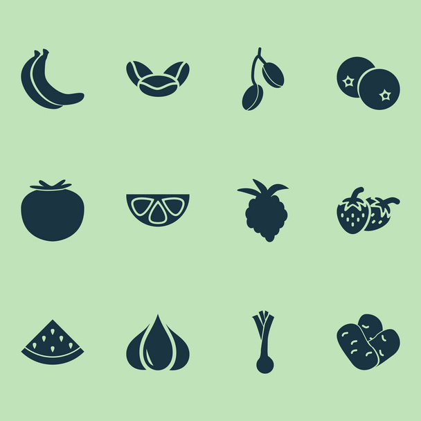 Conjunto de iconos vegetales con frijoles, plátano, ajo y otros elementos de ketchup. Iconos de vegetales de ilustración vectorial aislado
. - Vector, Imagen