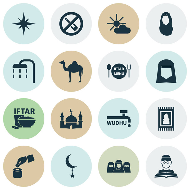 Ramadan-Symbole mit verbotenen, Imam, Ghusl und anderen nachmittäglichen Elementen. Isolierte Vektor-Illustration Ramadan-Symbole. - Vektor, Bild