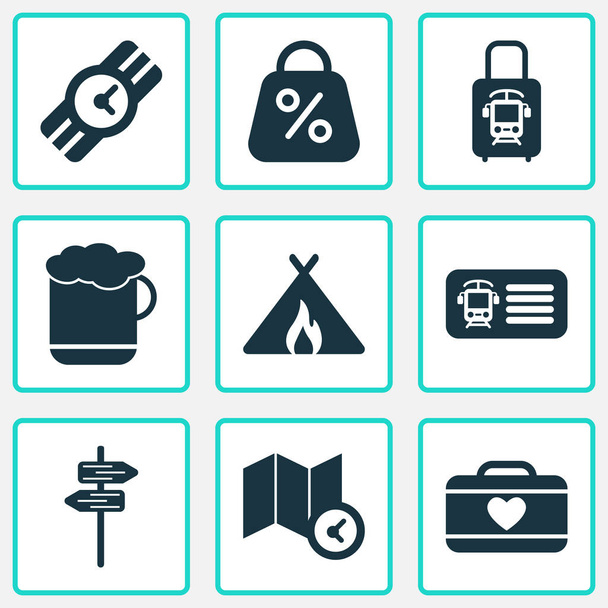 Journey icons set with pointers, tent with fire, discount and other signpost elements. Isolated  illustration journey icons. - Photo, Image