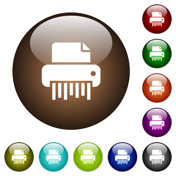 Bureau broyeur icônes blanches sur des boutons ronds en verre de couleur
 - Vecteur, image