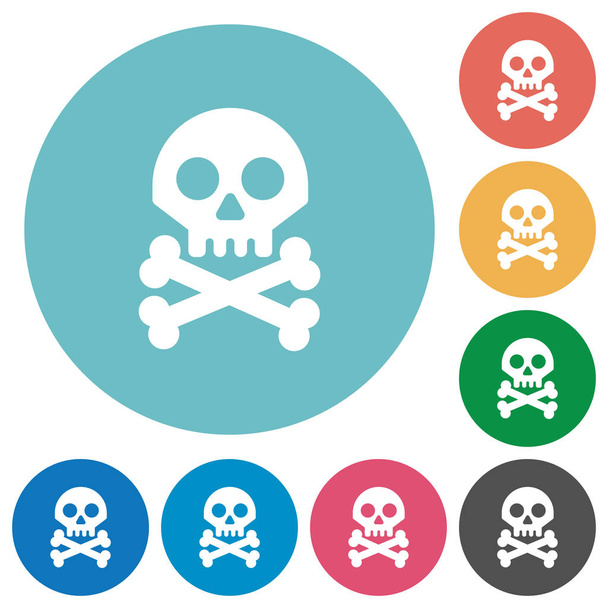 Skull with bones flat white icons on round color backgrounds - Vector, Image