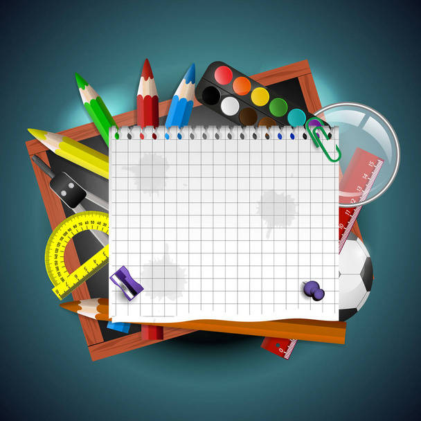 School Supplies Art and empty white paper on blue background, vector illustration - Vettoriali, immagini