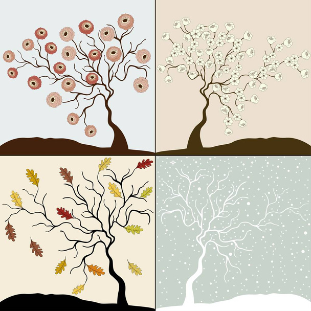 Bäume in vier Jahreszeiten - Winter, Herbst, Sommer, Frühling, - Vektor, Bild