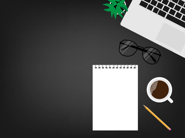 ノートブック、コンピューター キーボード ペン コーヒー カップと黒のオフィス デスク テーブル。コピー スペース、フラットなデザインの平面図です。ベクトル図. - ベクター画像
