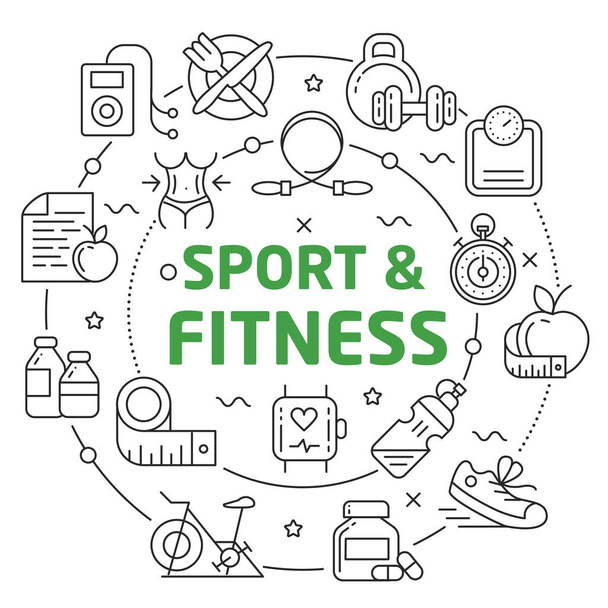 Linhas planas ilustração para apresentação esporte fitness
 - Vetor, Imagem