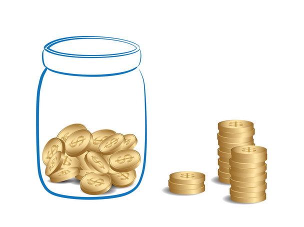 money stacks and jar with coins - vector illustration of fundraising - Vector, Image