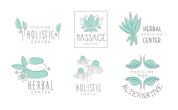 Projektowanie logo medycyna alternatywna zestaw, ziołowe, masaż, centrum holistyczne ciągnione wektor ilustracje na białym tle - Wektor, obraz