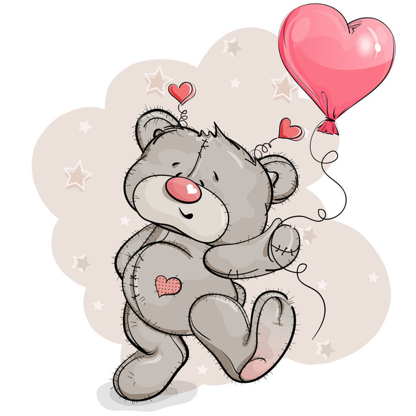 Teddy bear joyful jumps with a balloon in his hand. Beige background. - Διάνυσμα, εικόνα