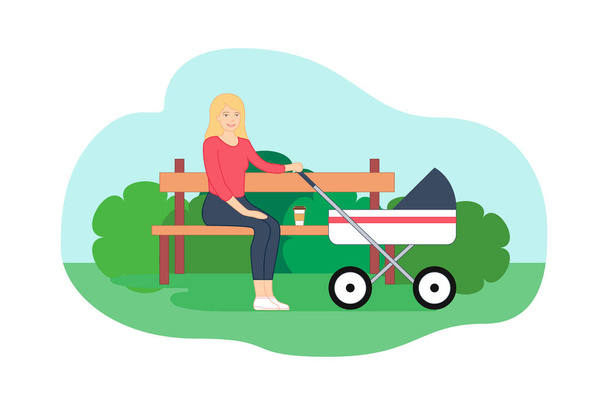 Young mother is sitting on the bench and shaking her baby in the stroller. Next to her on the bench there is a coffee cup. Flat style vector illustration with green park background. Mom's routine - Vector, Image