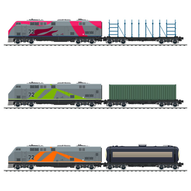 Locomotief met Cargo Container, met treinwagon Tank en een lege-Platform voor het vervoer van Bulk of lange lading en voor het vervoer van hout, vectorillustratie - Vector, afbeelding