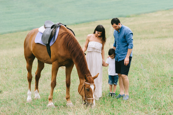 родители и сын смотрят на коричневую лошадь на поле
 - Фото, изображение