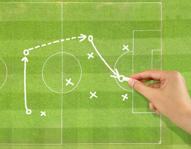 рука футбольного тренера, який малює тактику футбольної гри з білою крейдою на фоні поля
 - Фото, зображення