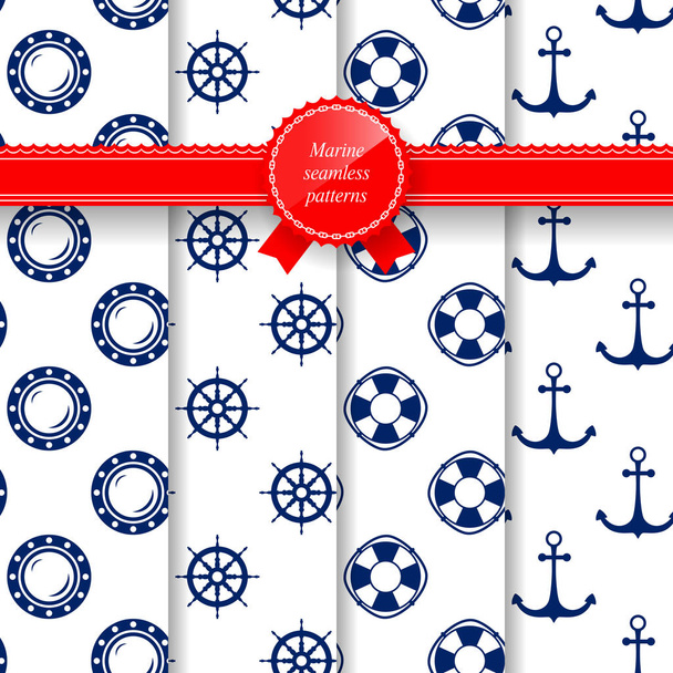 Set of Seamless Marine Summer Pattern, Lifebuoy and Ship's Wheel, Porthole and Anchor, Travel and Tourism Pattern, Vector Illustration - Vector, Image