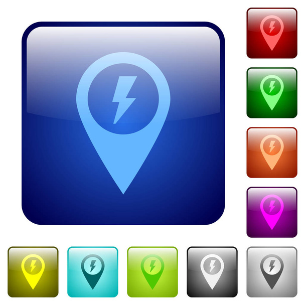 Ícones de localização de mapa GPS de abordagem rápida em conjunto de botões brilhantes de cor quadrada arredondada
 - Vetor, Imagem