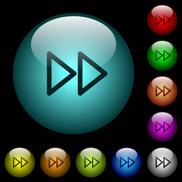 Media fast forward icons in color illuminated spherical glass buttons on black background. Can be used to black or dark templates - Vector, Image