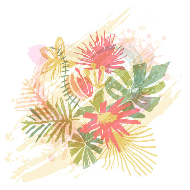 熱帯の花の花束、水彩落書きスタイル - ベクター画像