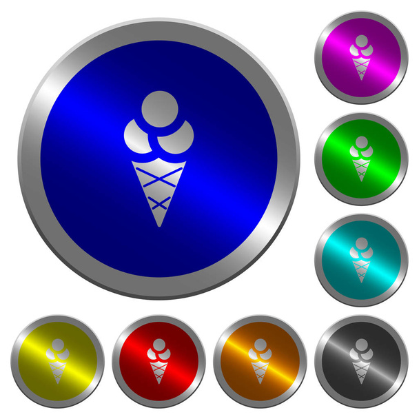 Ice cream icons on round luminous coin-like color steel buttons - Vector, Image