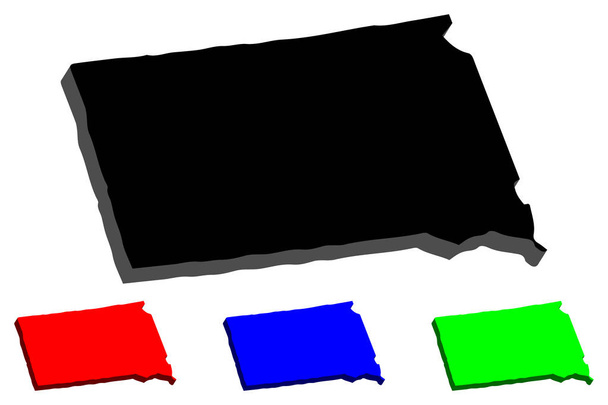 3D карта Южной Дакоты (США, The Mount Rushmore State) - чёрный, красный, синий и зелёный - векторная иллюстрация
 - Вектор,изображение