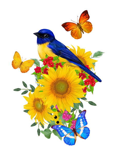 blue bird sits on a branch of bright red flowers, yellow sunflowers, green leaves, beautiful butterflies. Isolated on white background. Flower composition. - Foto, immagini
