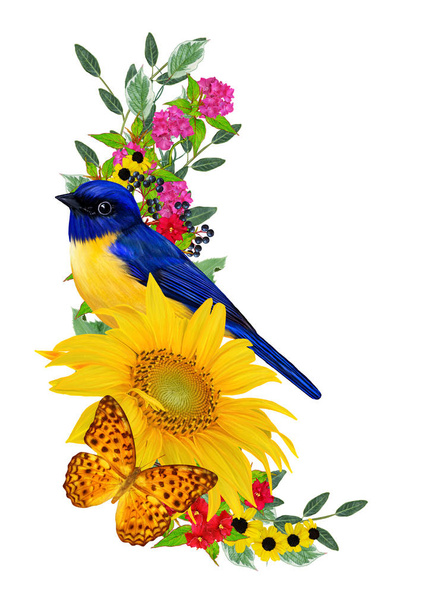 blue bird sits on a branch of bright red flowers, yellow sunflowers, green leaves, beautiful butterflies. Isolated on white background. Flower composition. - Fotoğraf, Görsel